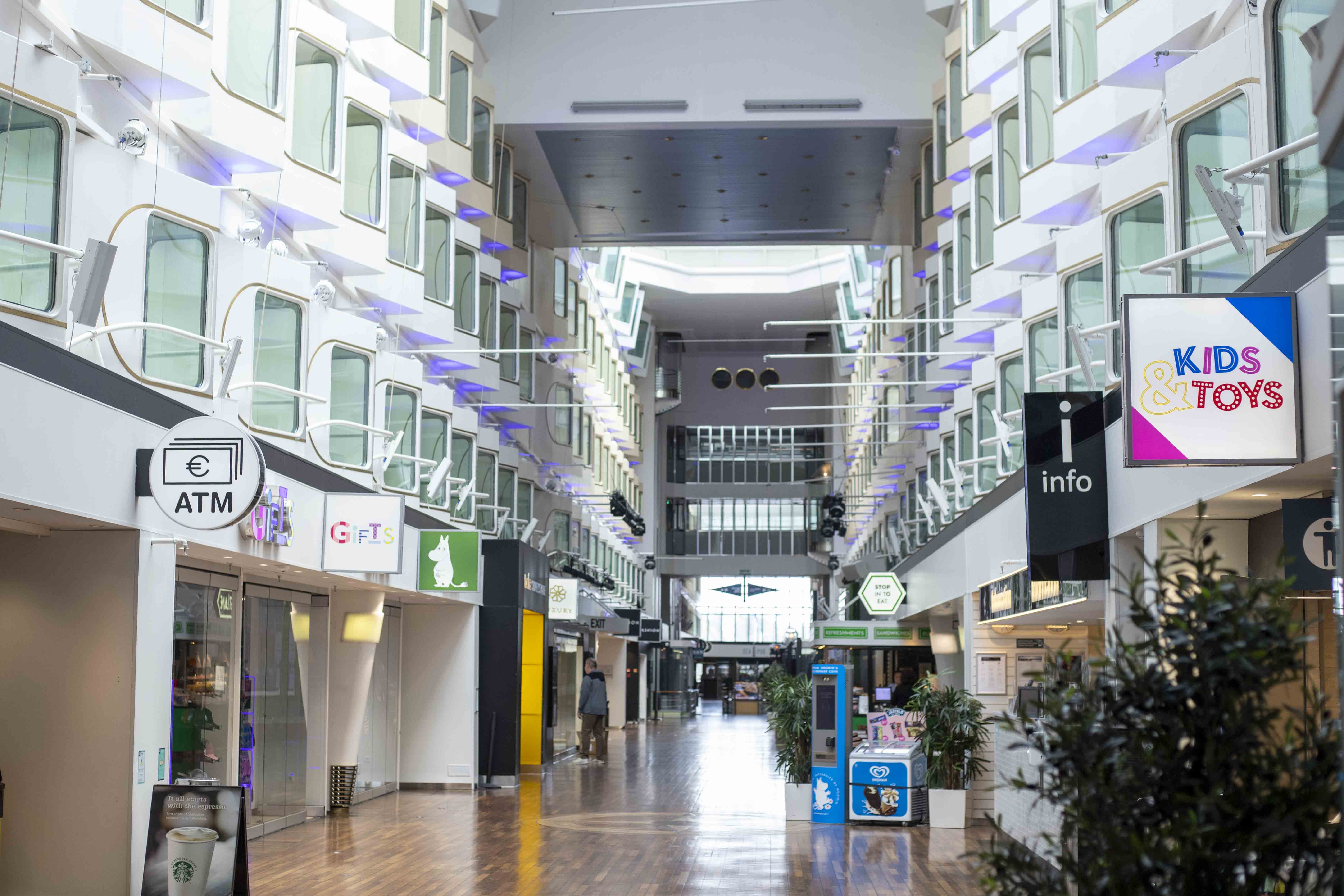 Promenade inside Silja Serenade, one of the Baltic Sea’s busiest passenger ferries, modernized with a retrofit onboard communication system.