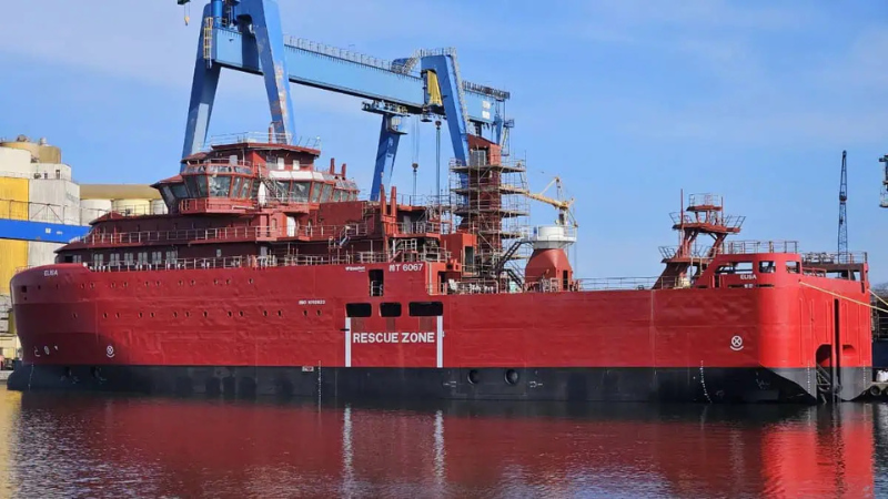 MT6067 Walk-to-Work vessel under construction at Green Yard Kleven shipyard in Norway, designed by Marin Teknikk for offshore energy operations.