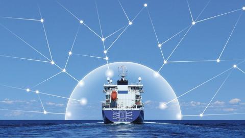 Cargo ship inside digital shield, symbolizing cybersecurity protection for maritime communication systems